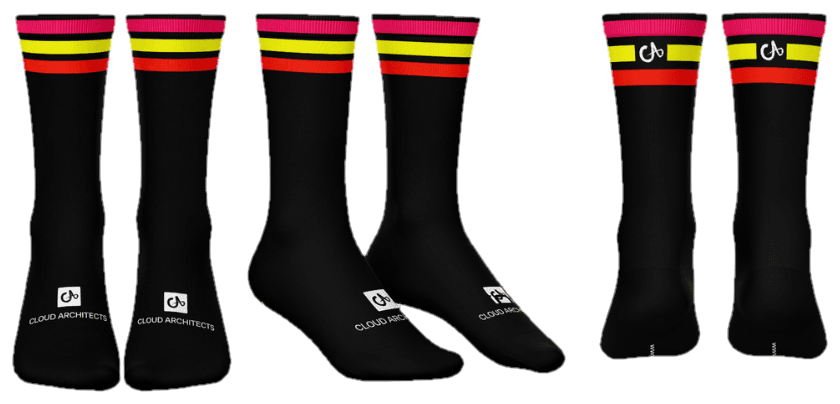 Black Cloud Architects socks from the front, the side and the back, with pink, yellow and red stripes on the cuff and the logo on the foot